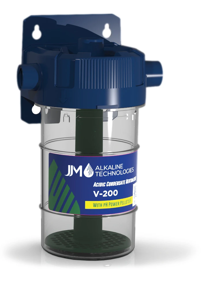 JJM V-200 condensate neutralizer, designed for tankless water heater and wall-hung boiler installations