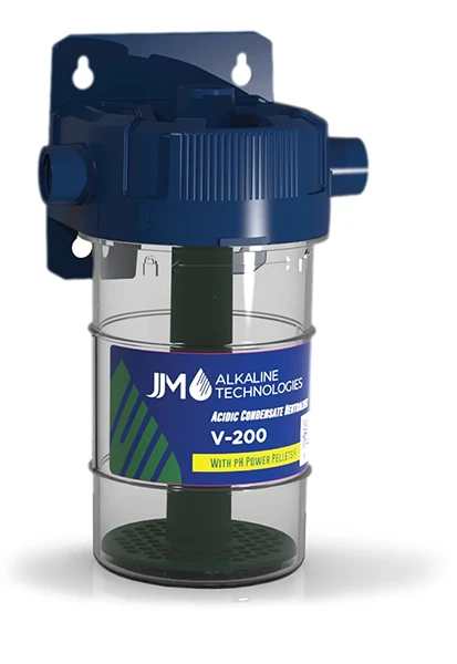 JJM V-200 condensate neutralizer installed for high-efficiency furnace and boiler acidic condensate treatment.