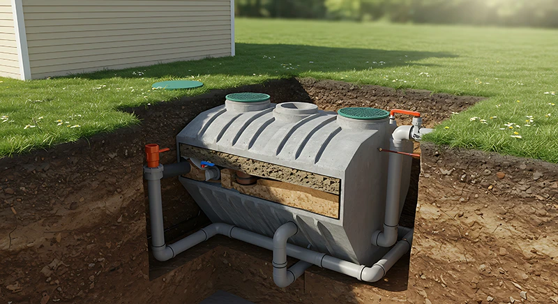 Septic system cross-section showing risk of damage from untreated acidic condensate discharge.