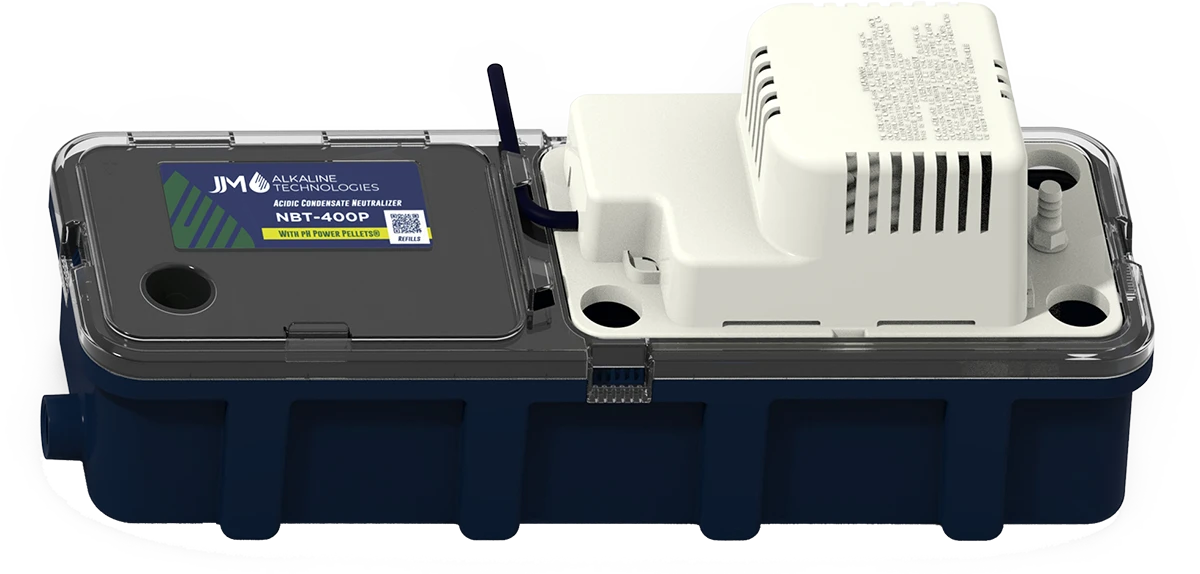 JJM NBT-400P condensate neutralizer with pump for treating acidic furnace condensate and managing A/C coil discharge.