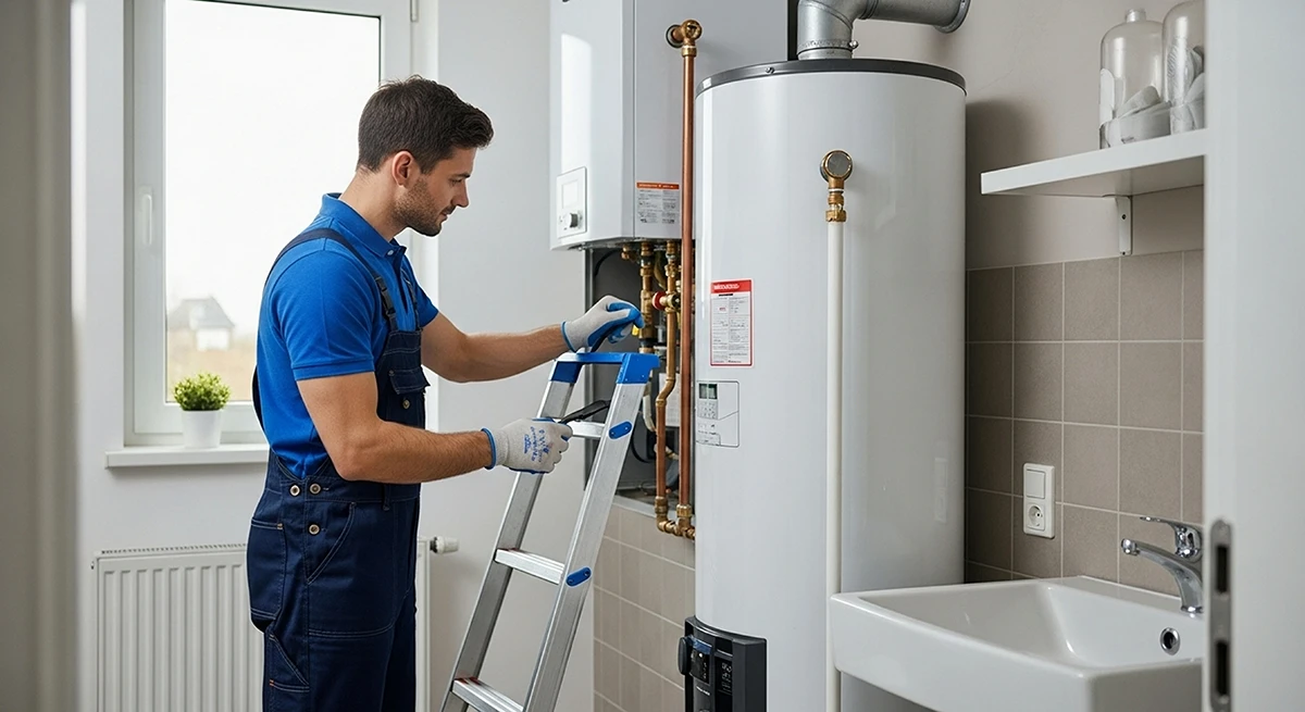 HVAC technician performing high-efficiency furnace maintenance and condensate inspection