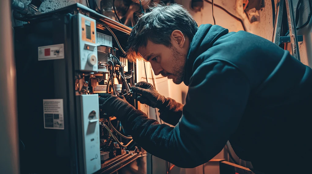 HVAC technician performing high efficiency furnace maintenance and condensate treatment