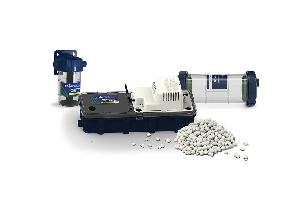 JJM condensate neutralizer product line featuring V-200, NBT-400P, and refill media for residential and commercial HVAC systems