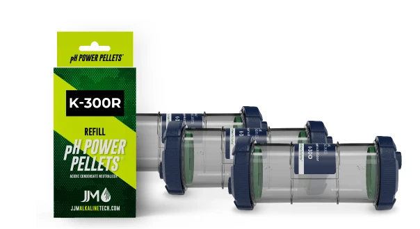 JJM condensate neutralizer products and pH Power Pellets® for acidic condensate treatment solutions.
